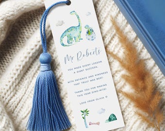 Personalised Teacher Bookmark Gift Dinosaur, Personalized Bookmarks for Teachers, Laminated Teacher Gifts Book Mark from Child, WITH TASSEL