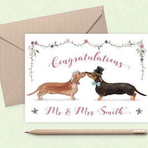 Mr & Mrs Hochzeitskarte Personalisierte Hochzeitskarte Hund, personalisierte Hochzeitskarte für Braut und Bräutigam, Dackel Hochzeitskarte Herzlichen Glückwunsch