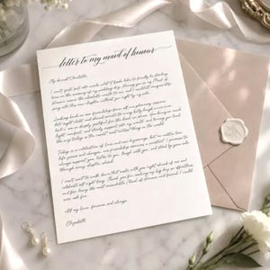 May include: A white card with black cursive text titled Letter to my maid of honour, accompanied by a light pink envelope sealed with a wax stamp, white ribbon, and small white flowers on a marble surface.