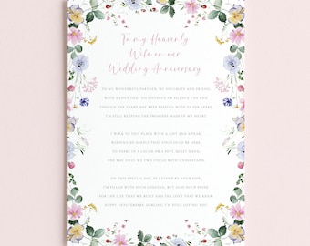 Personalised Wife Wedding Anniversary Memorial Card for Grave, Happy Heavenly Anniversary Wife Graveside Card Laminated, WITH HOLDER STAKE