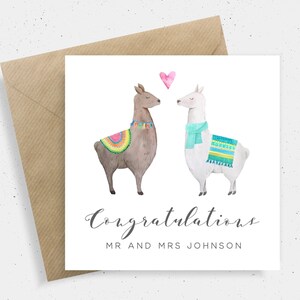 Carte de mariage lama pour les mariés, carte de mariage personnalisée félicitations, carte de jour de mariage pour couple, carte de mariage animal