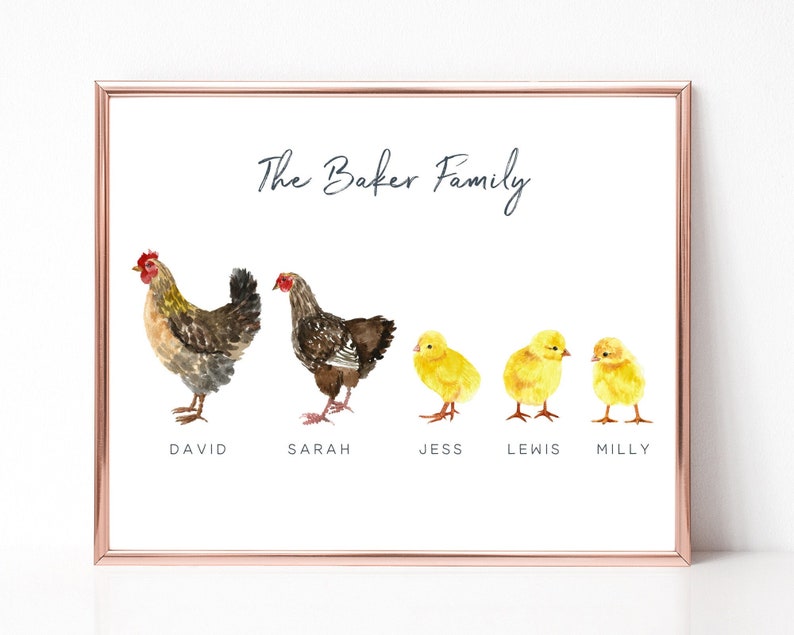 Chicken Family Print Personalised, Personalized Family Gifts, Housewarming Gift for Family, Family Wall Art, Family Print Animal, UNFRAMED image 1