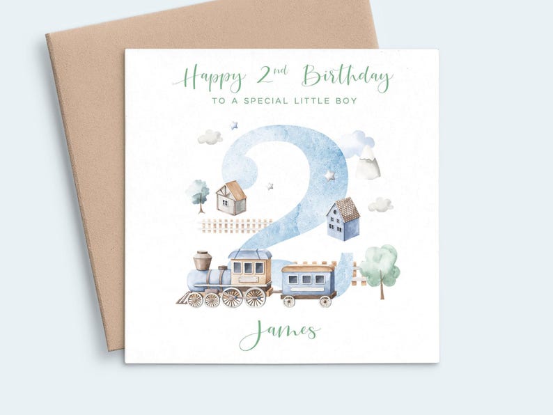 Boy 2nd Birthday Card Train, Grandson 2nd Birthday Card Son Train, Personalised Birthday Card 2 Year Old Boy, Second Birthday Card Age 2 image 1