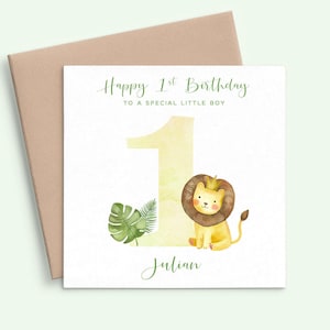 Carte premier anniversaire Lion garçon, carte 1er anniversaire Lion fils, première carte d'anniversaire neutre entre les sexes animal, carte premier anniversaire personnalisée jumeaux