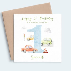 Carte d'anniversaire personnalisée avec voiture, 1er anniversaire de voiture, carte d'anniversaire bleue pour neveu, garçon de 1 an, carte d'anniversaire pour petit-fils