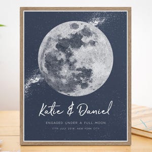 Personalized Moon Phase Print, Personalised Engagement Gift for Couple, Custom Moon Phase by Date, Watercolor Moon Print Phase, UNFRAMED image 1