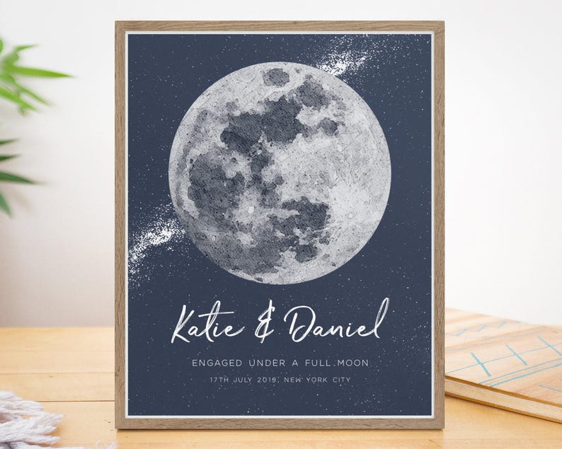 Personalized Moon Phase Print, Personalised Engagement Gift for Couple, Custom Moon Phase by Date, Watercolor Moon Print Phase, UNFRAMED image 1