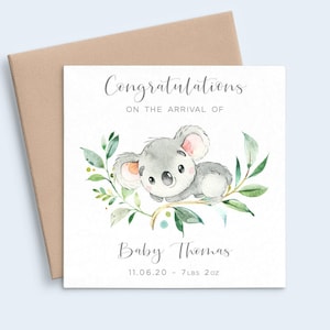 Aquarelle carte bébé nouveau-né koala, carte personnalisée nouveau bébé garçon animal, carte de naissance félicitations garçon, carte de bébé nouveau-né personnalisée