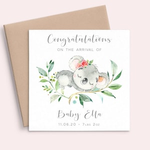Carte personnalisée nouveau-né koala, carte aquarelle nouveau-né fille animal, carte de félicitations de naissance carte de bébé fille personnalisée