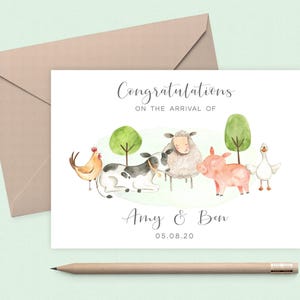 Personalisierte neue Baby Karte Bauernhof Tiere, Unisex neue Baby Karte, Aquarell neue Baby Karte Neutral, Glückwunsch Baby Karte Zwillinge