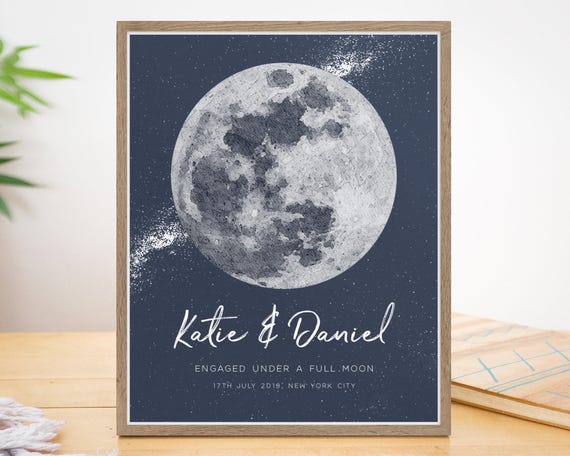Personalized Moon Phase Print, Personalised Engagement Gift for Couple, Custom Moon Phase by Date, Watercolor Moon Print Phase, UNFRAMED
