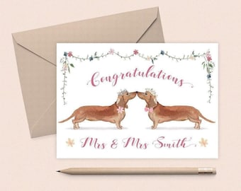 Personalisierte Hochzeitskarte für Frau und Frau Hochzeitskarten personalisiert, Hochzeitskarte für Lesben Glückwünsche, Hochzeitskarte Hund Dackel