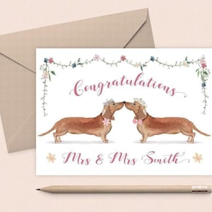Personalisierte Hochzeitskarte für Frau und Frau Hochzeitskarten personalisiert, Hochzeitskarte für Lesben Glückwünsche, Hochzeitskarte Hund Dackel