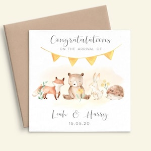 Carte personnalisée pour nouveau-né animaux de la forêt, carte de félicitations pour nouveau-né carte de naissance neutre unisexe, carte de nouveau-né aquarelle pour jumeaux