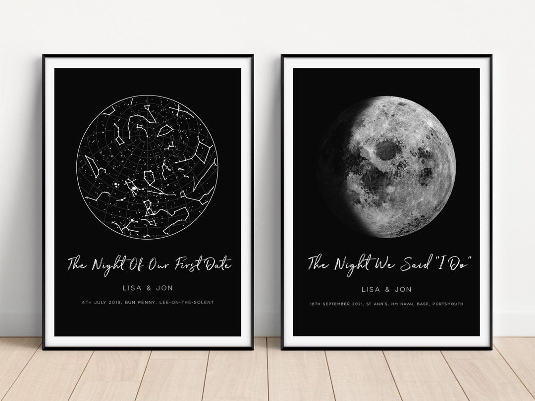 Star Map and Moon Phase Print Set, Custom Star Map by Date, Custom Moon ...
