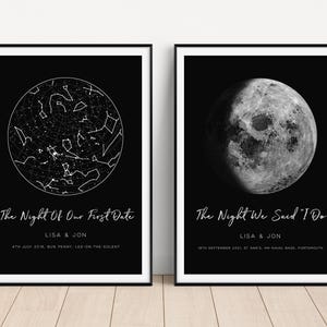 Ensemble d'impressions carte des étoiles et phases de la lune, carte des étoiles personnalisée par date, phases de lune personnalisées par date, cadeau d'anniversaire personnalisé pour petit ami, SANS CADRE