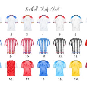 May include: A chart of 21 watercolor football shirts, each with a unique design and color scheme. The shirts are numbered and include various combinations of white, blue, red, yellow, and black.