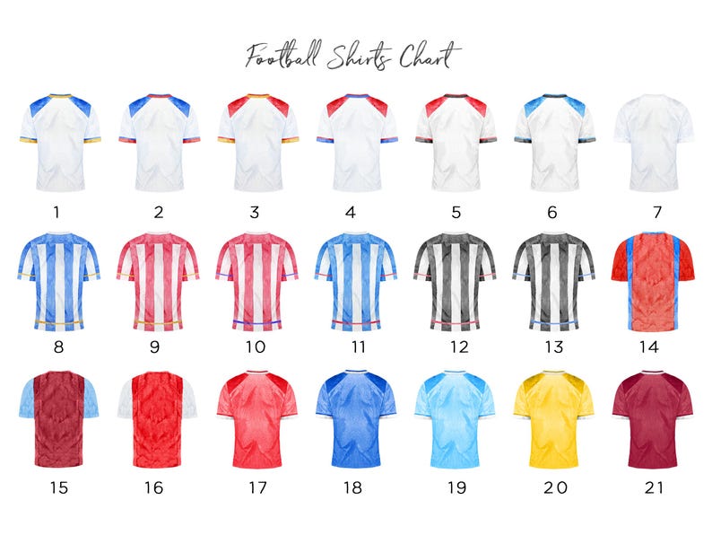 May include: A chart of 21 watercolor football shirts, each with a unique design and color scheme. The shirts are numbered and include various combinations of white, blue, red, yellow, and black.