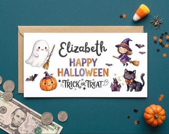 Cute Halloween Money Wallet Personalised, Personalized Halloween Money Holder, Custom Halloween Money Gift Card for Kids, WITH ENVELOPE