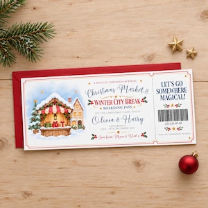 Entrada personalizada para el mercado navideño, tarjeta de embarque personalizada para escapada festiva para ella, bono impreso para escapada urbana de invierno con sobre rojo.