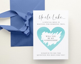 Blue Will You Be My Godfather Scratch Card Personalised, Heart Godfather Proposal Scratch Off Card Custom, WITH RIBBON ENVELOPE