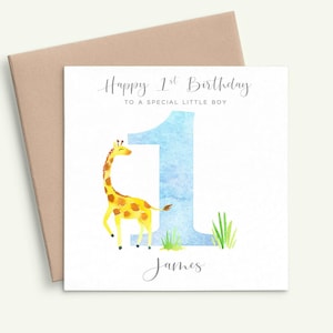 1. Geburtstagskarte Sohn, erste Geburtstagskarte Junge, alles Gute zum Geburtstagkarte Giraffe, personalisierte Geburtstagskarte 1 Jahr, Tiergeburtstagskarte niedlich