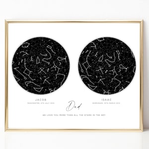 Cadeaux personnalisés pour papa, carte des étoiles par date, anniversaire de la carte des étoiles personnalisée, double carte des étoiles 2, impression de carte de la constellation, impression de ciel nocturne, sans cadre