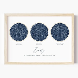3 Star Map Print Personalized, Custom Star Map Multiple Dates, Constellation Map by Date, Personalised Fathers Day Gift for Dad, UNFRAMED