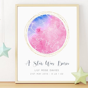 Night Sky Custom Star Map Print, Baby Girl Gift Personalized Christening Gift Girl, Baby Constellation Print, Birth Star Chart, UNFRAMED