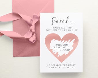 Heart Will You Be My Maid of Honour Scratch Card Personalised, Blush Pink Maid of Honor Proposal Scratch Off Card, WITH RIBBON ENVELOPE
