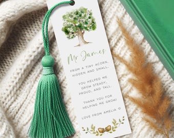 Personalised Teacher Bookmark Gift Oak Tree, Personalized Bookmarks for Teachers, Laminated Teacher Gifts Book Mark from Child, WITH TASSEL
