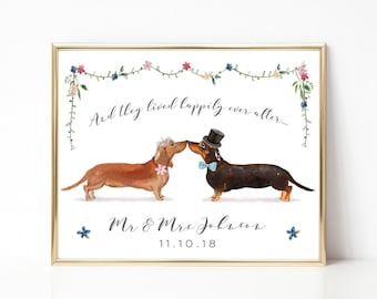 Dachshund Print, Wedding Print Personalised, Bride and Groom Gift, Dog Wedding Gift Personalized Wedding Gifts for Couple Dogs, UNRAMED