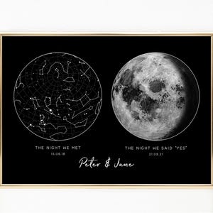Carte des étoiles personnalisée et impression des phases de la lune, cadeau d'anniversaire de mariage personnalisé pour mari, carte des étoiles par date, impression de la lune personnalisée, sans cadre