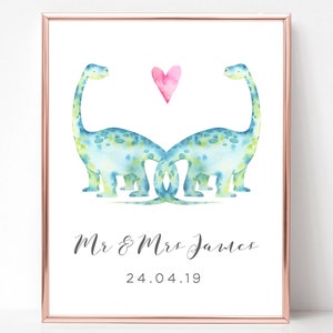 Dinosaur Couple Print Personalized Wedding Print, Personalised Wedding Gifts for Couple Gifts, Wedding Poster, Couple Wall Art, UNFRAMED