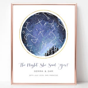 Impression personnalisée de carte des étoiles, carte du ciel, cadeau de fiançailles personnalisé pour couple, impression constellation, carte céleste, impression ciel nocturne, sans cadre