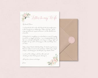 Personalised Letter to Bride on Wedding Day Pink Floral, Letter to Wife to Be, Letter to my Wife Wedding Day, With Envelope & Wax Seal
