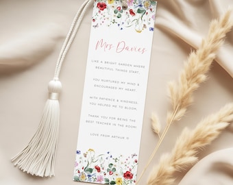 Personalised Teacher Bookmark Gift, Personalized Bookmarks for Teachers Floral, Laminated Teacher Gifts Book Mark from Child, WITH TASSEL