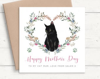 Black Cat Mothers Day Card for Mum, Personalised Mothers Day Card from Cat, Watercolour Mother Day Card, Cute Mothers Day Card from the Cat