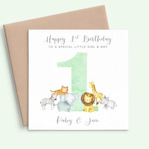 Carte de 1er anniversaire de la jungle pour jumeaux, carte de joyeux premier anniversaire personnalisée, carte de premier anniversaire non sexiste, carte de 1er anniversaire animal de safari