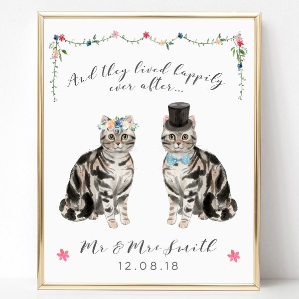 Wedding Print Personalised Cat Print, Bride and Groom Gift, Cat Wedding Gift, Cat Lover Gift Personalized Wedding Gifts for Couple, UNFRAMED