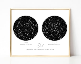 Personalized Gifts for Dad Star Map by Date, Custom Star Map Birthday, Double Star Map 2, Constellation Map Print, Night Sky Print, UNFRAMED