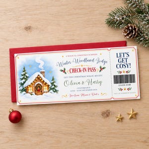 Entrada personalizada para cabaña de invierno en el bosque para ella, tarjeta de viaje navideña personalizada para niños, bono para escapada a una cabaña navideña con sobre rojo.