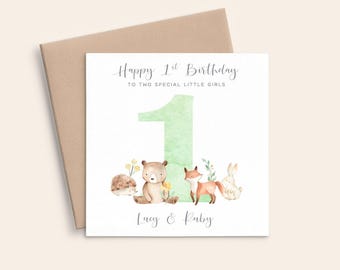 Woodland Animal First Birthday Card Girl Personalised, Woodland 1st Birthday Card Boy, Gender Neutral First Birthday Card Twins