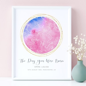 Day You Were Born Star Map Personalised Birthday Gift for Her Friend, Watercolor Constellation Print, Night You Were Born Poster, UNFRAMED