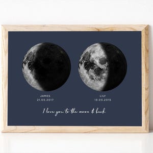 Impresión de fase lunar en acuarela, regalo de aniversario personalizado para novio, te amo hasta la luna y más allá, impresión lunar personalizada, sin marco imagen 1