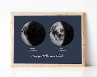 Watercolor Moon Phase Print, Personalized Anniversary Gift for Boyfriend, Love You to the Moon and Back, Custom Moon Print, UNFRAMED