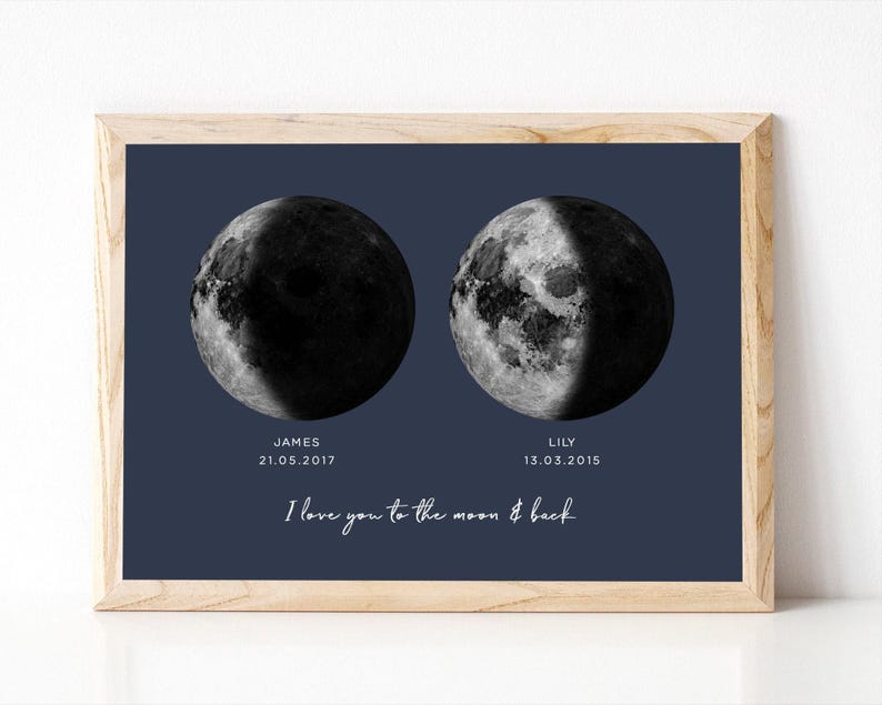 Impresión de fase lunar en acuarela, regalo de aniversario personalizado para novio, te amo hasta la luna y más allá, impresión lunar personalizada, sin marco imagen 1