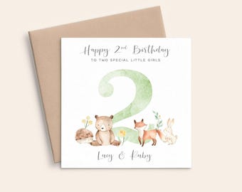 Woodland Animal 2nd Birthday Card Personalised Birthday Card 2 Year Old Girl, 2nd Birthday Card Granddaughter, Second Birthday Card Daughter