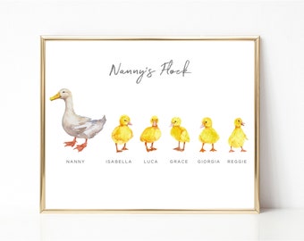 Nannys Flock Duck Print, Grandmas Flock Duck Family Print Personalised, Personalized Gift for Grandma, Animal Family Wall Art, UNFRAMED