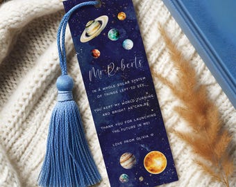 Personalised Teacher Bookmark Gift Planets, Personalized Bookmarks for Teachers, Space Teacher Gifts Book Mark from Child, WITH TASSEL